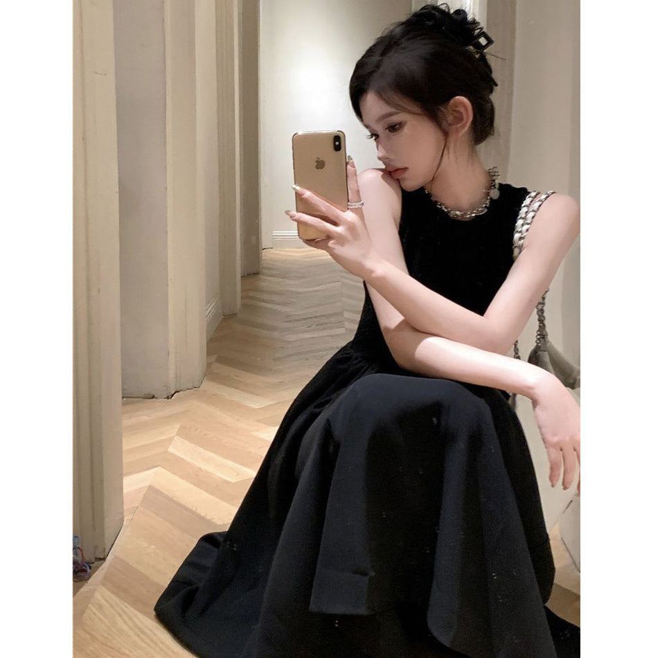 Black French Retro Sleeveless Knee-Length Dress Women