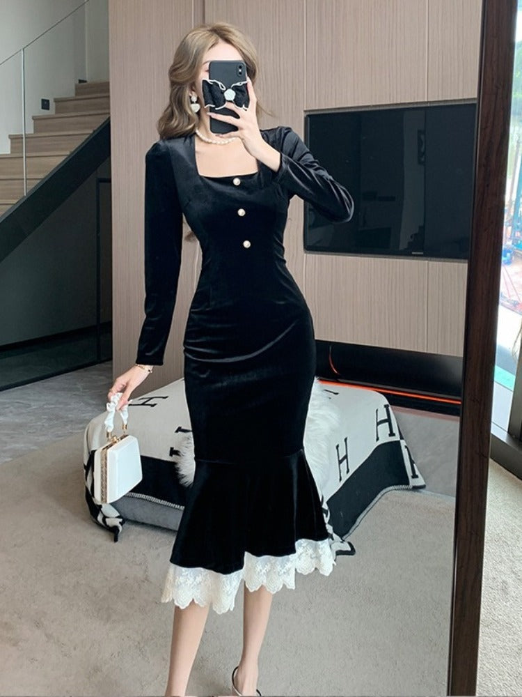 French Square Neck Velvet Midi Dress Women Winter