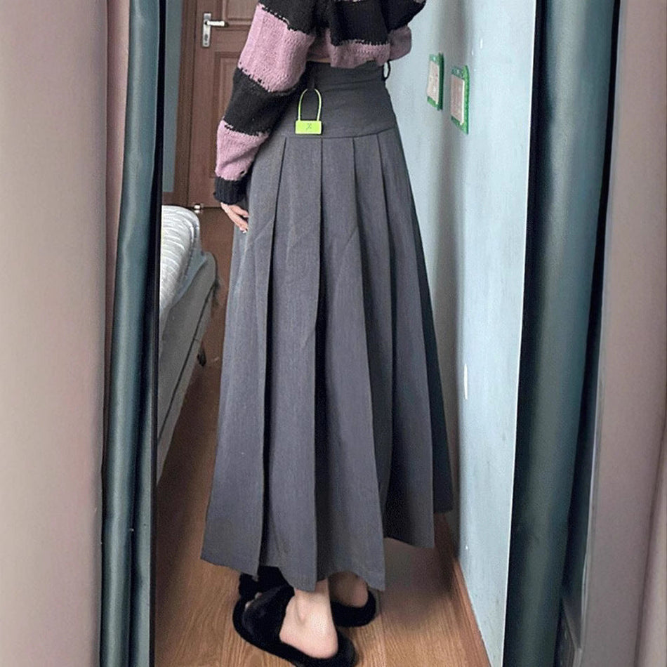 Plus Size Black High Waist Pleated Long Skirt Women