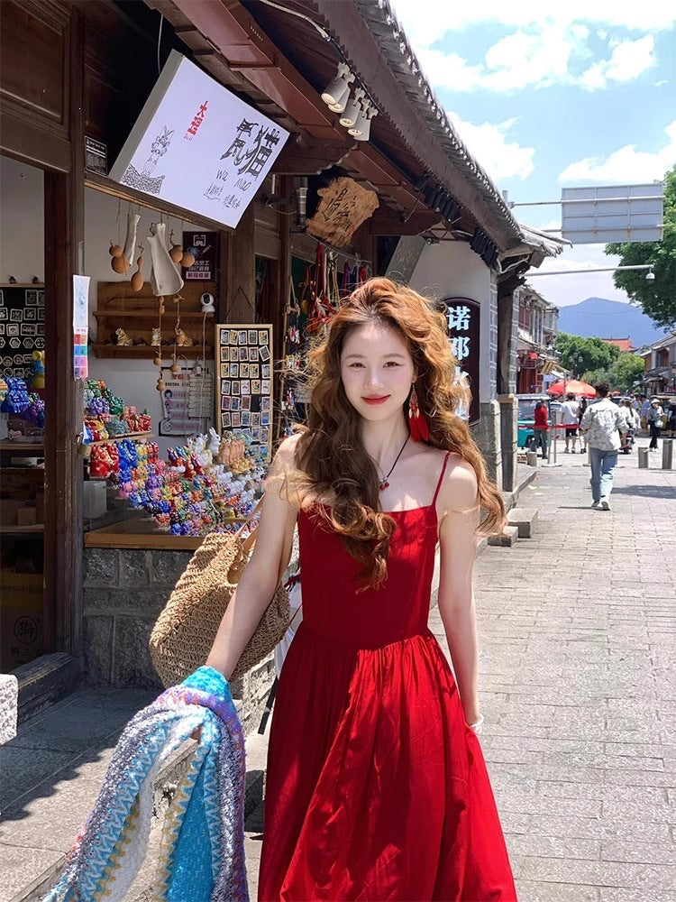 French Red Suspender Backless Dress Women Vacation