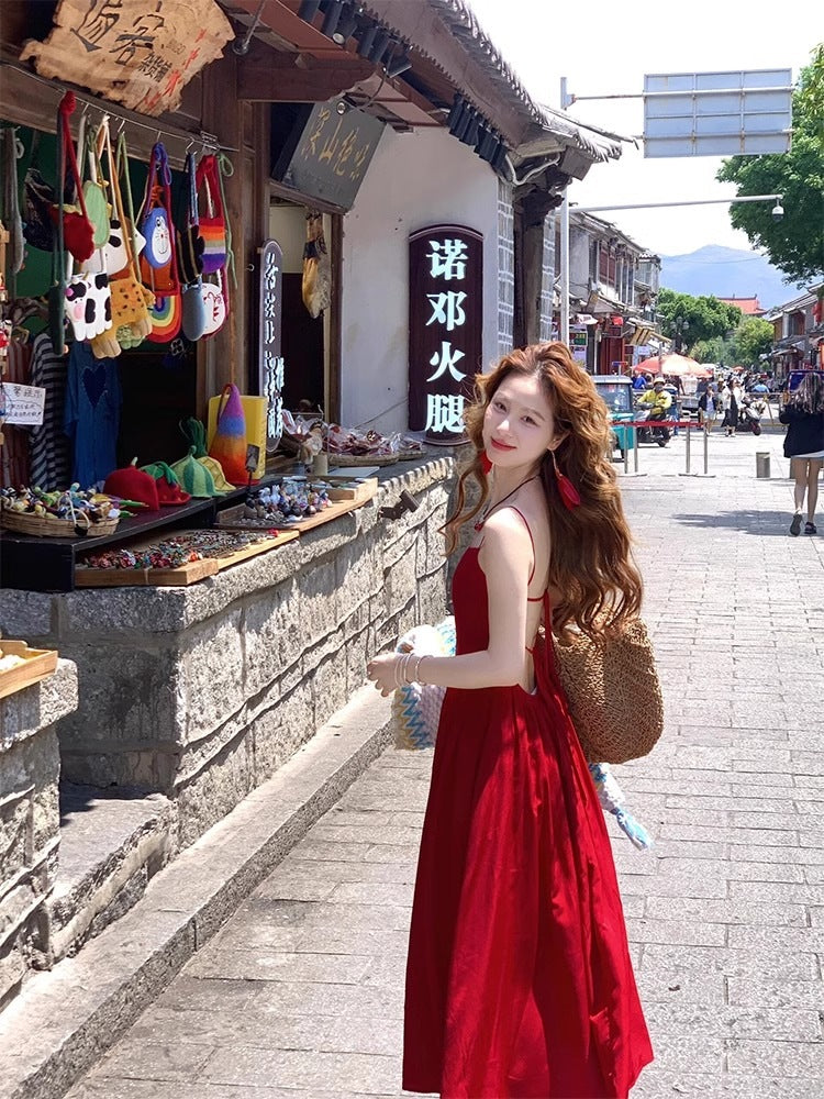 French Red Suspender Backless Dress Women Vacation