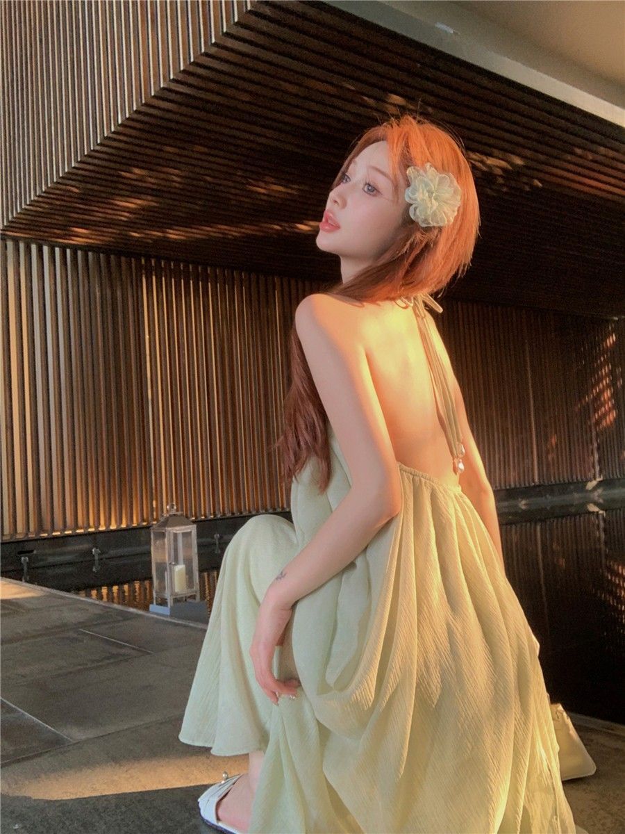 Green Backless Halter A-Line Summer Dress Women