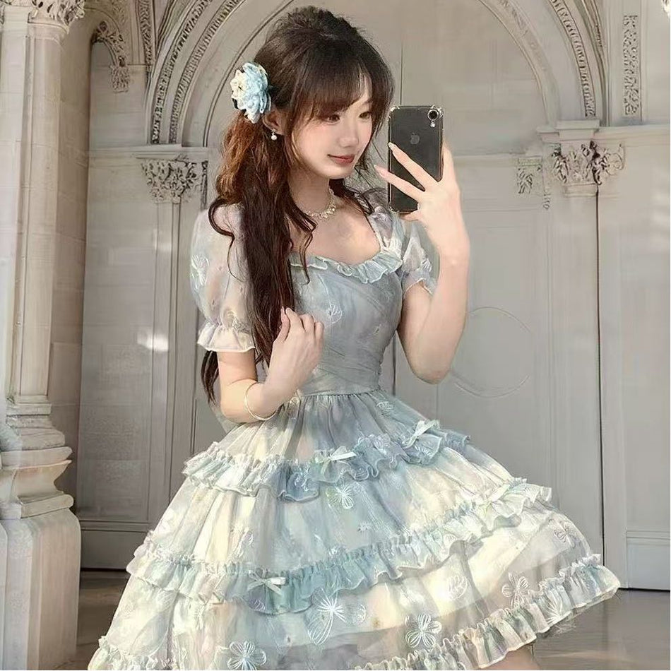 Blue Floral Square Collar Lace Summer Dress Women