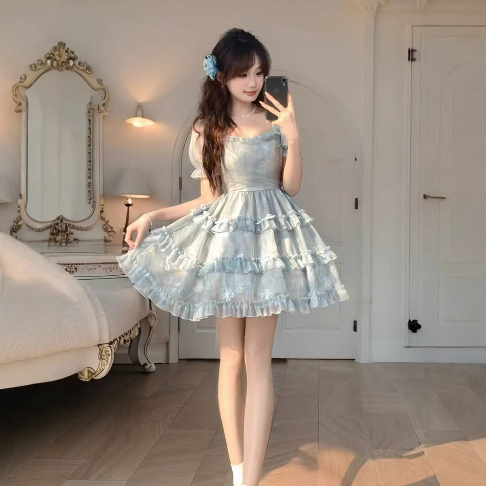 Blue Floral Square Collar Lace Summer Dress Women