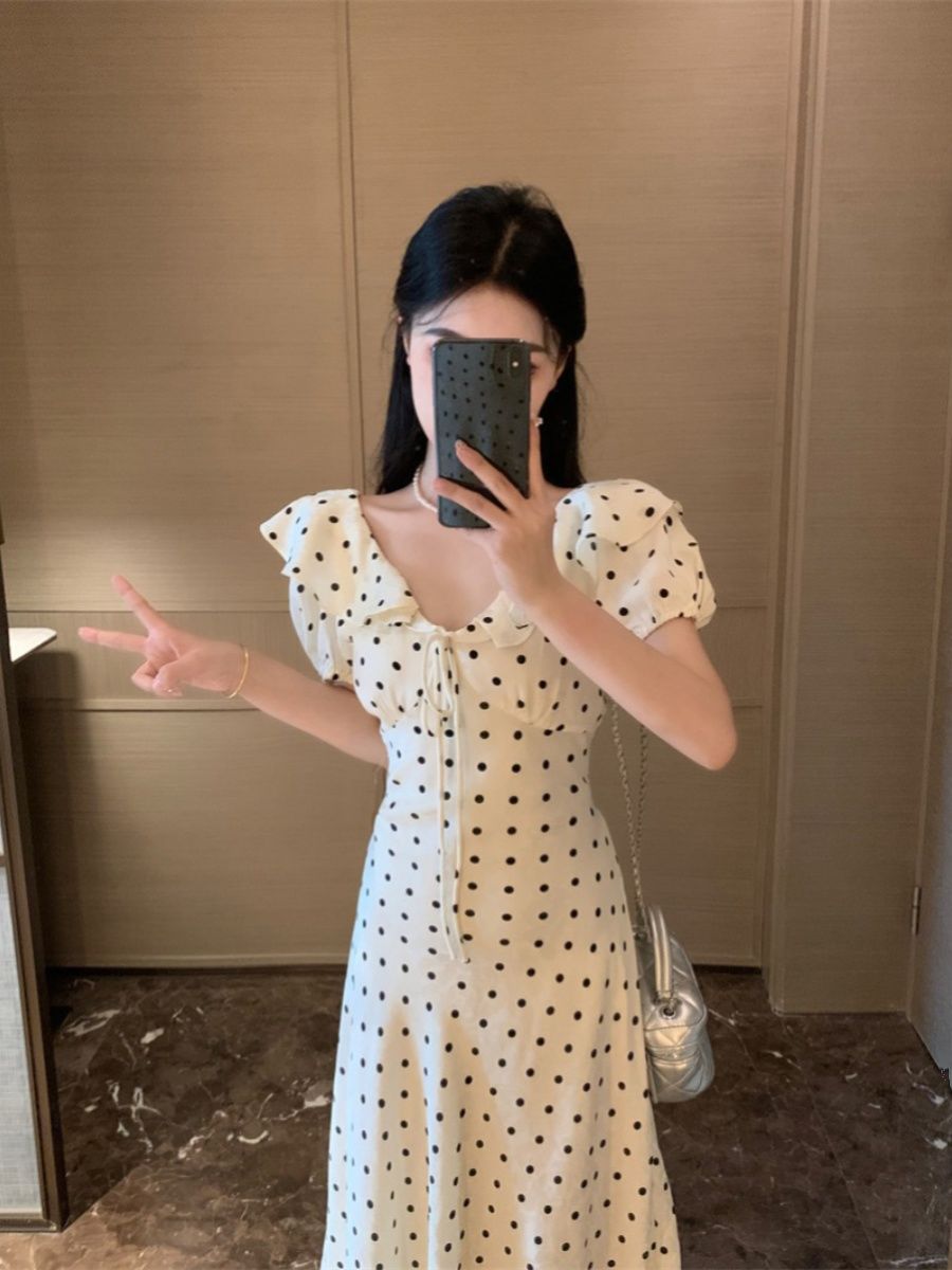 French Polka Dot Bubble Sleeve Summer Dress Women