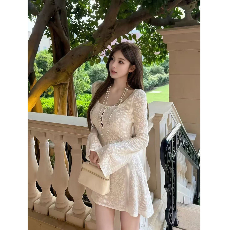 French Bell Sleeve Elegant Short Dress Women Autumn