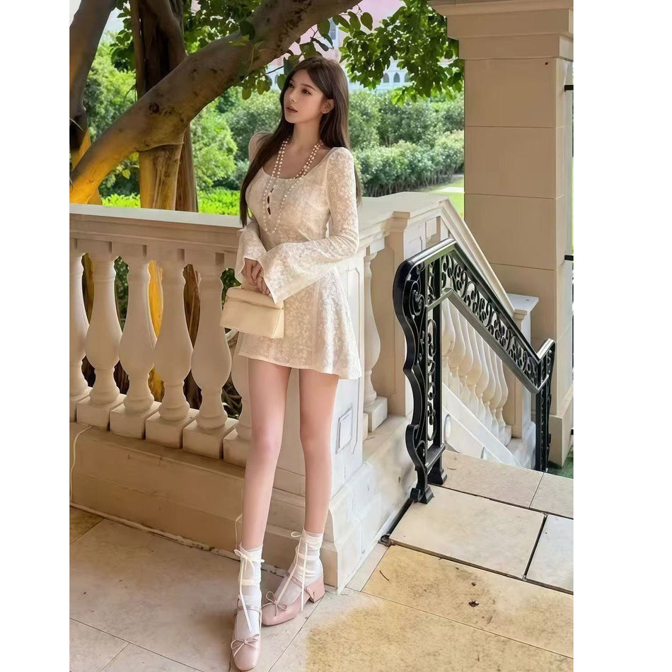 French Bell Sleeve Elegant Short Dress Women Autumn