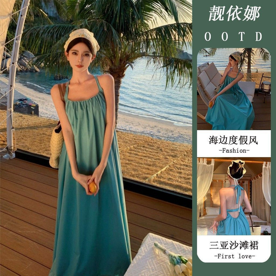 French Halterneck Backless Vacation Maxi Dress Women