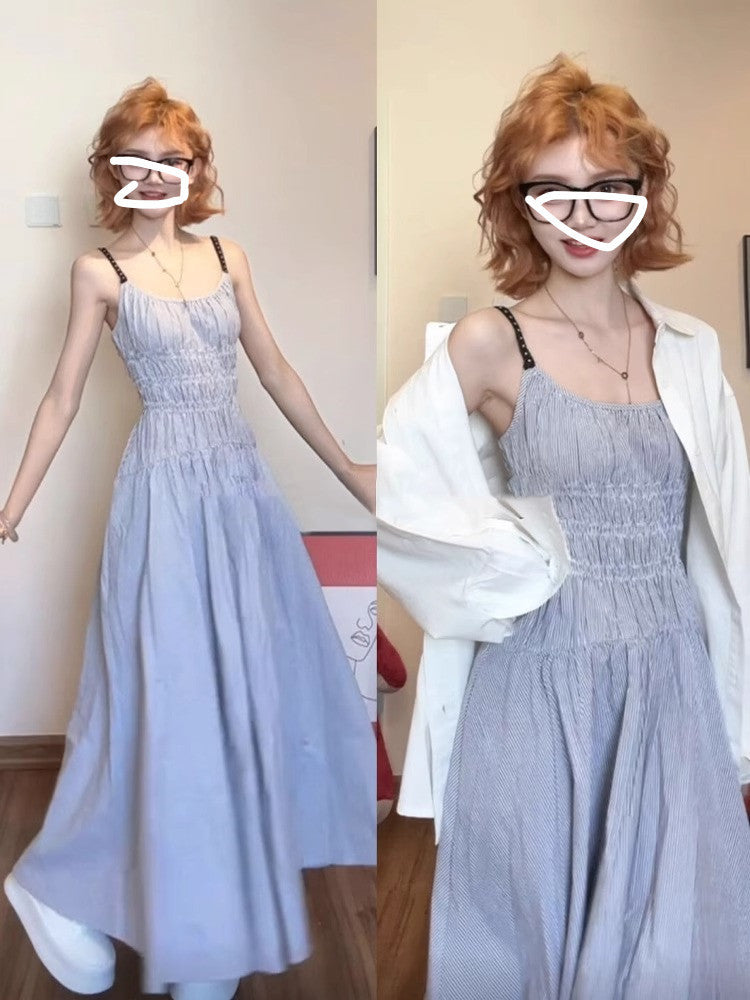 Blue Strap French Beach Maxi Dress Women Summer