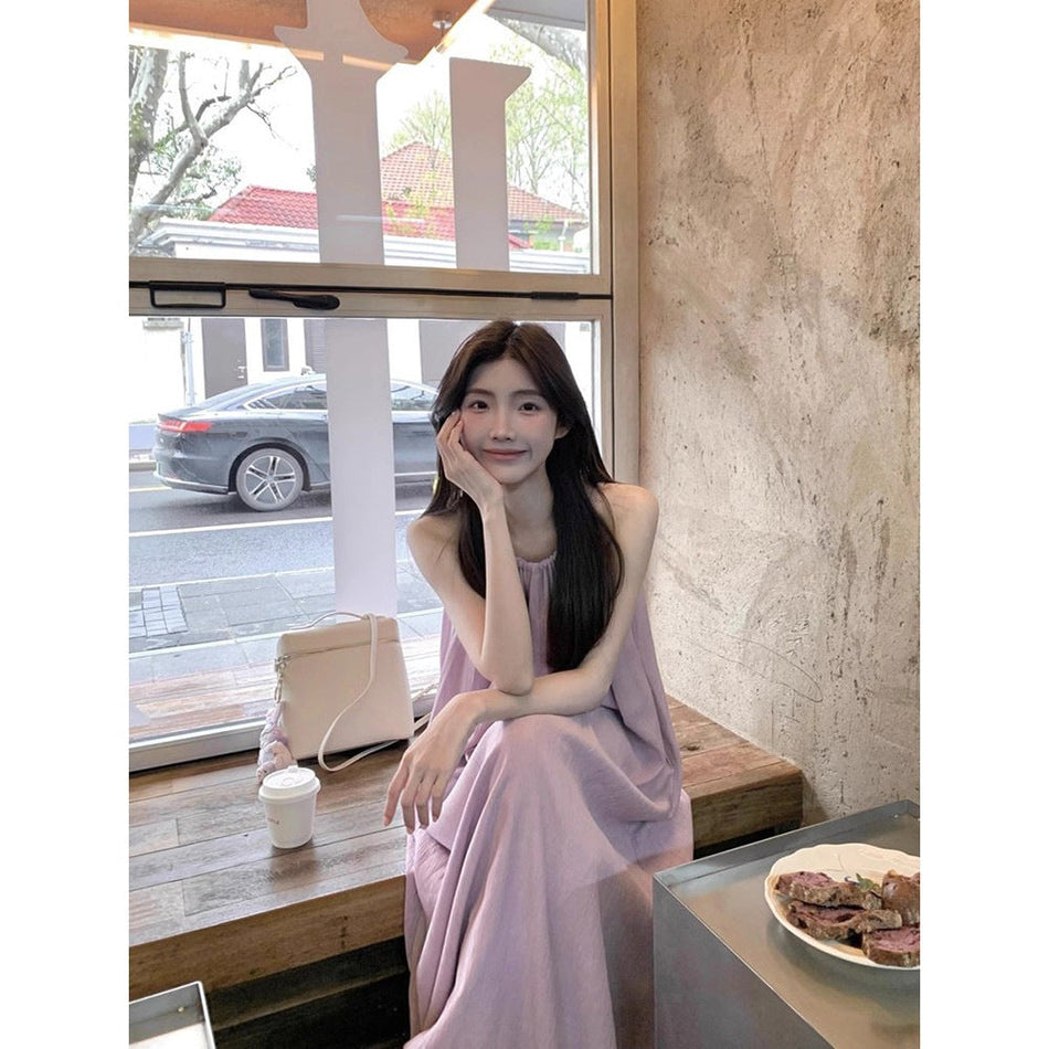 French Purple Sling A-Line Summer Dress Women