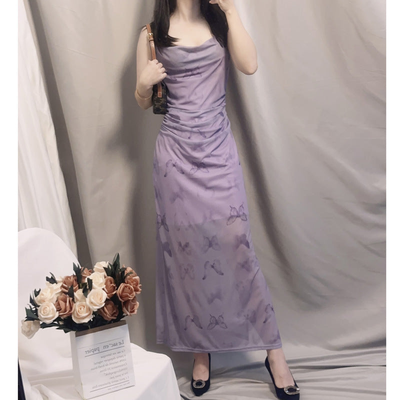 Purple Butterfly Sling Mesh Summer Dress Women