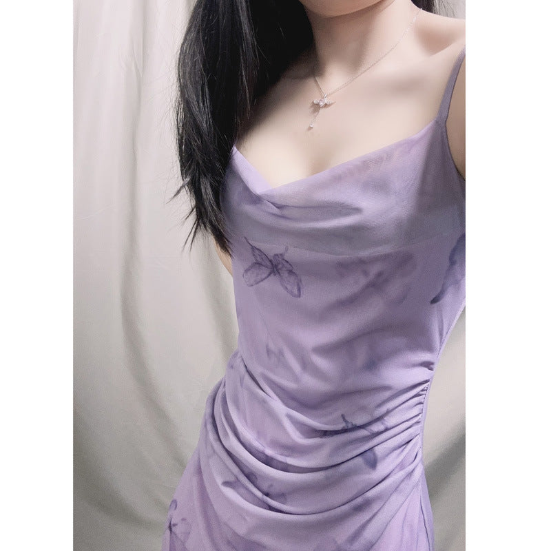 Purple Butterfly Sling Mesh Summer Dress Women