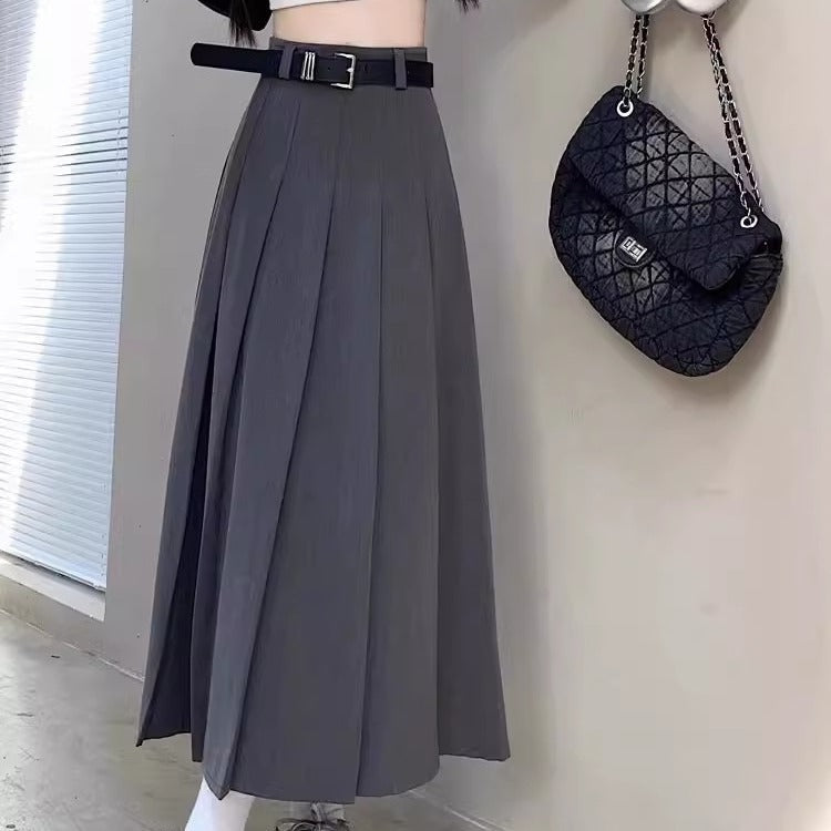 Korean Style A-Line Pleated Midi Dress with Belt Women