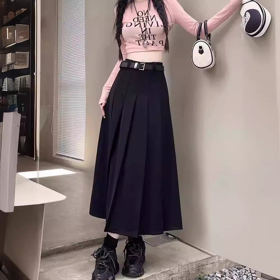 Korean Style A-Line Pleated Midi Dress with Belt Women