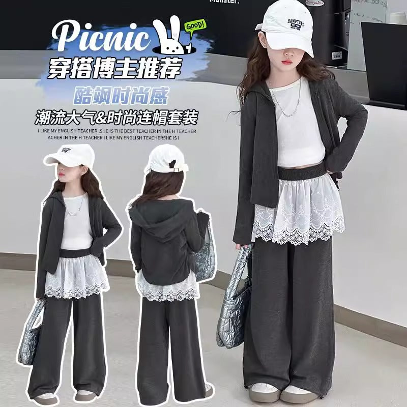 Girls Lace Wide Leg Pants Hoodie Set Spring Autumn – Baby & Children's Outfits – Image 2