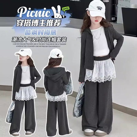 Girls Lace Wide Leg Pants Hoodie Set Spring Autumn – Baby & Children's Outfits – Image 2