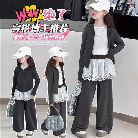 Girls Lace Wide Leg Pants Hoodie Set Spring Autumn – Baby & Children's Outfits – Image 3