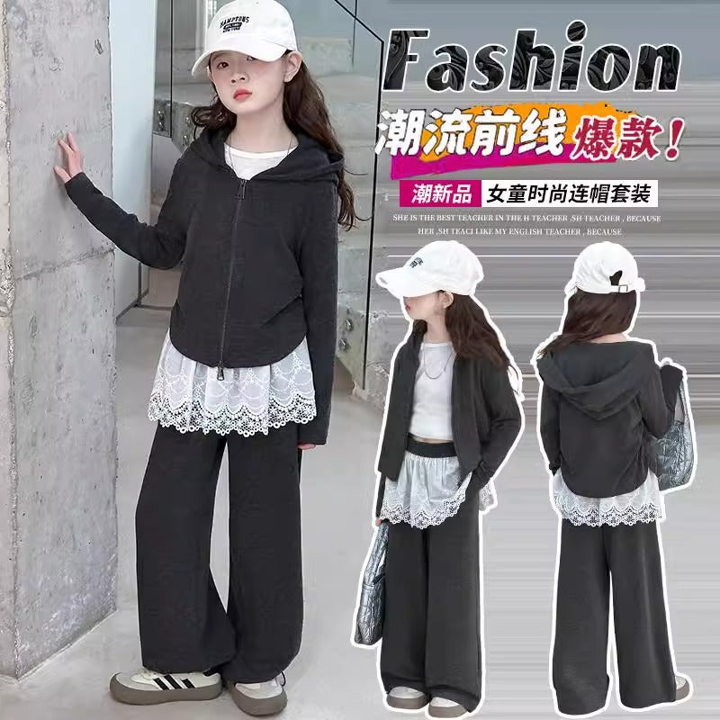 Girls Lace Wide Leg Pants Hoodie Set Spring Autumn – Baby & Children's Outfits – Image 4