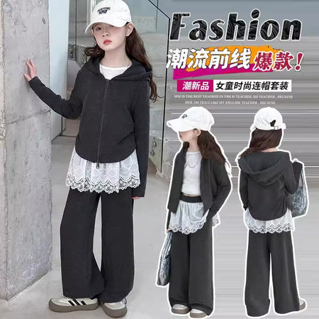 Girls Lace Wide Leg Pants Hoodie Set Spring Autumn – Baby & Children's Outfits – Image 4