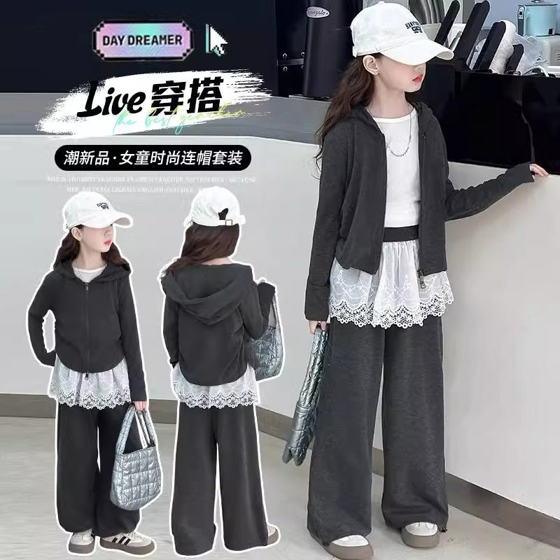Girls Lace Wide Leg Pants Hoodie Set Spring Autumn – Baby & Children's Outfits – Image 5