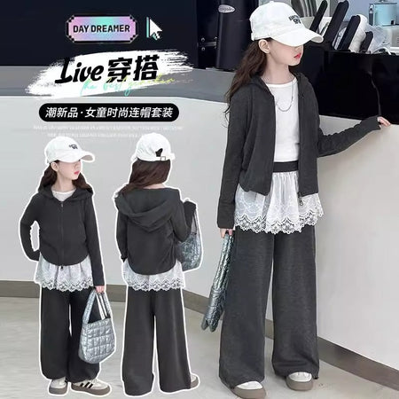 Girls Lace Wide Leg Pants Hoodie Set Spring Autumn – Baby & Children's Outfits – Image 5