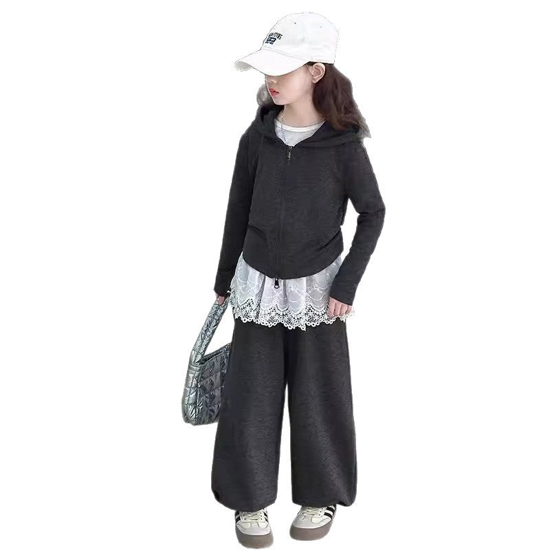Girls Lace Wide Leg Pants Hoodie Set Spring Autumn – Baby & Children's Outfits – Image 1