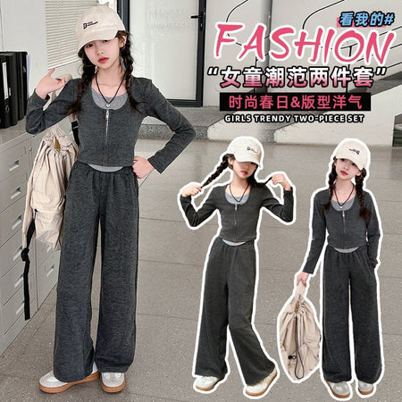 Girls Spliced Shirt Wide Leg Pants Set Autumn Trendy – Baby & Children's Outfits – Image 2