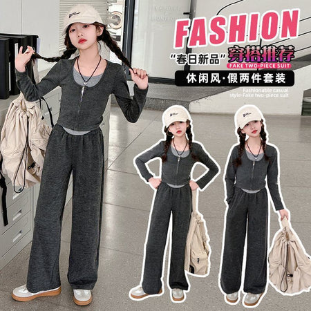 Girls Spliced Shirt Wide Leg Pants Set Autumn Trendy – Baby & Children's Outfits – Image 3