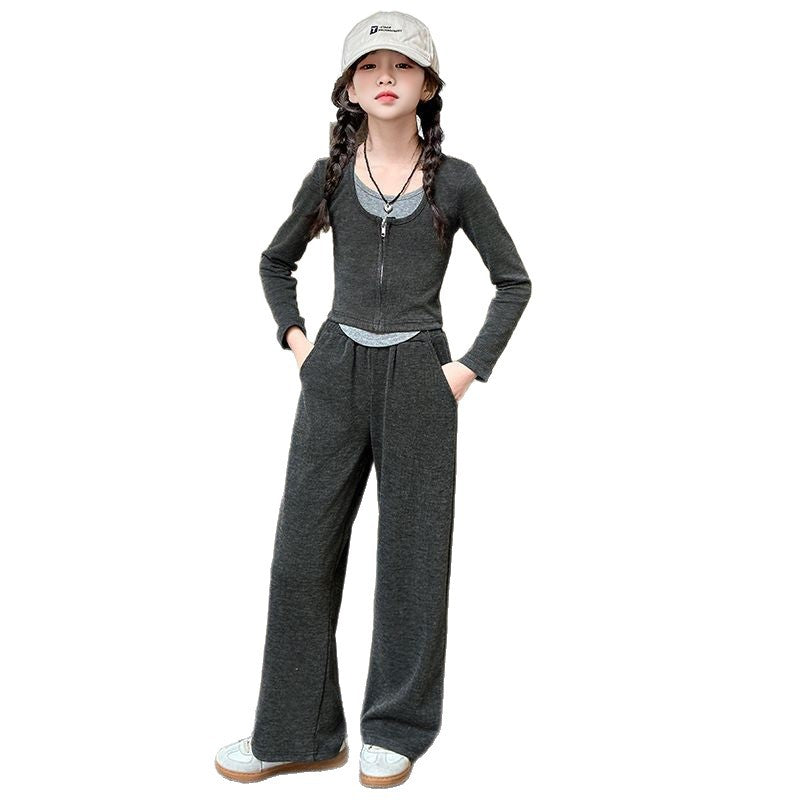 Girls Spliced Shirt Wide Leg Pants Set Autumn Trendy – Baby & Children's Outfits – Image 5