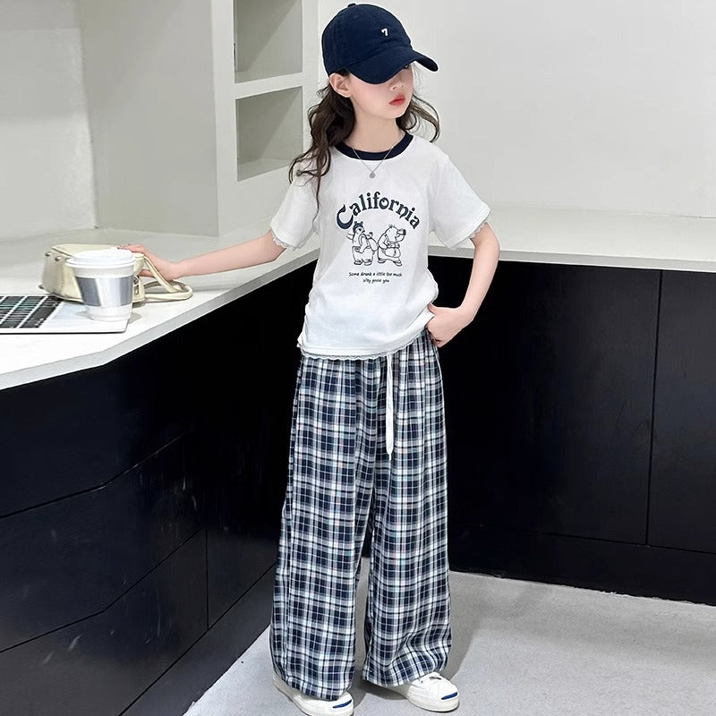 Girls Summer Plaid Outfit Set with Casual Pants – Baby & Children's Outfits – Image 1