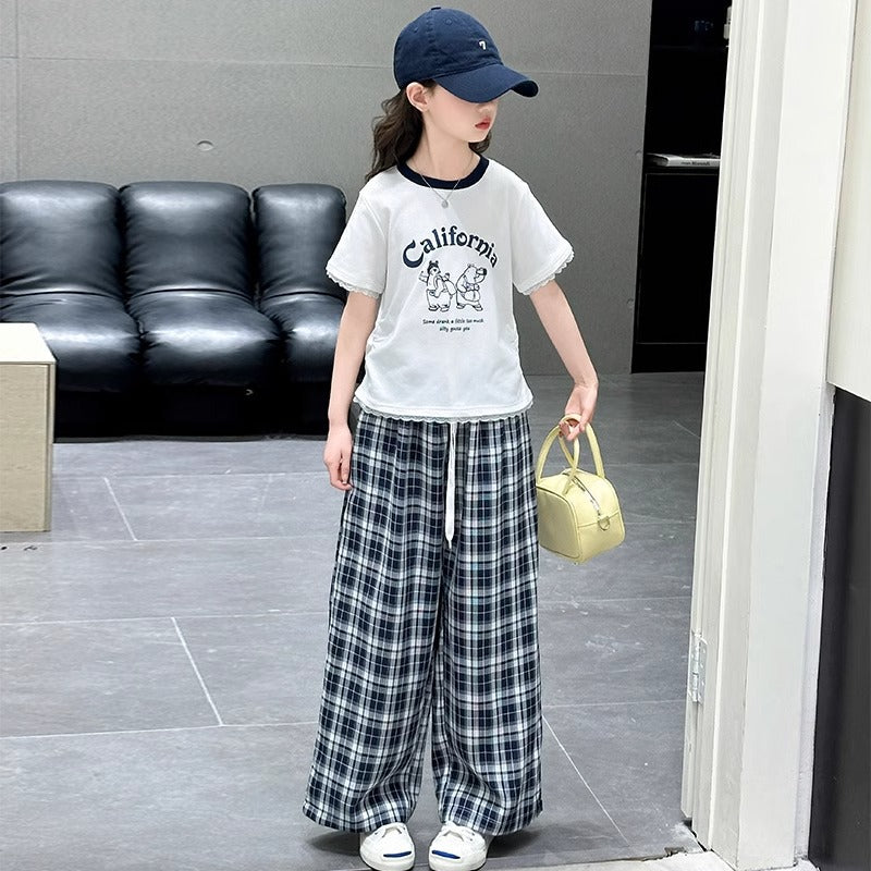 Girls Summer Plaid Outfit Set with Casual Pants – Baby & Children's Outfits – Image 2
