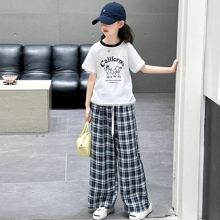 Girls Summer Plaid Outfit Set with Casual Pants – Baby & Children's Outfits – Image 3