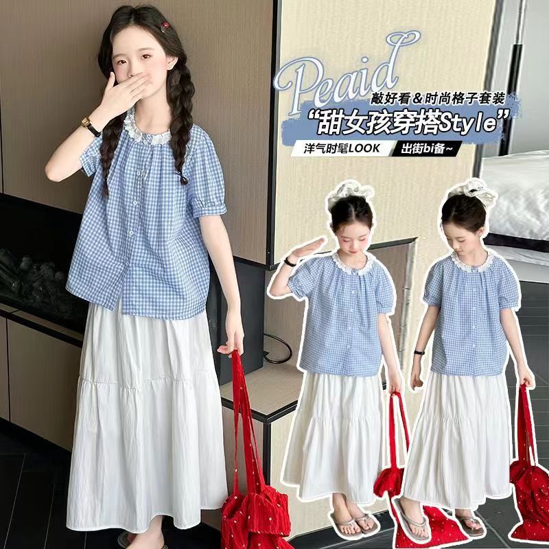 Girls Blue Plaid Lace Skirt Two-Piece Set – Baby & Children's Outfits – Image 2