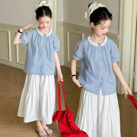Girls Blue Plaid Lace Skirt Two-Piece Set – Baby & Children's Outfits – Image 1