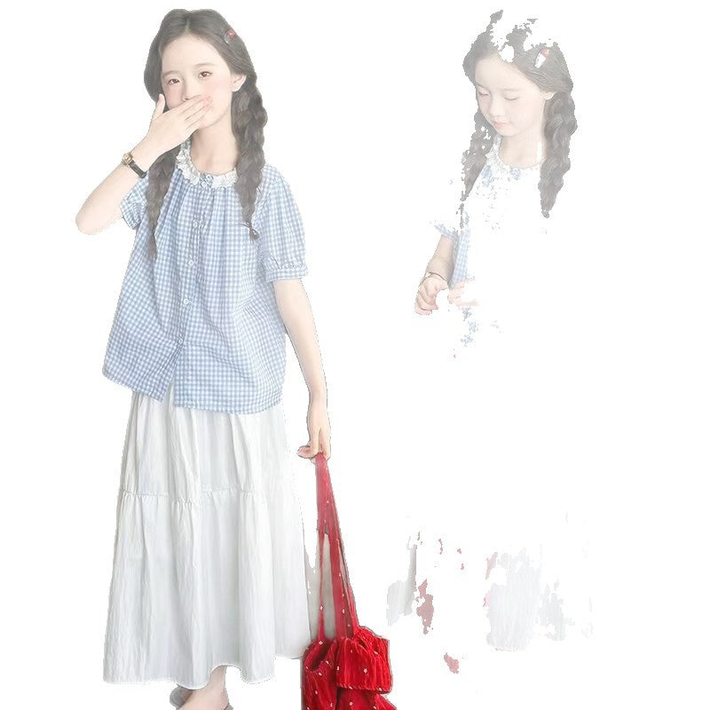 Girls Blue Plaid Lace Skirt Two-Piece Set – Baby & Children's Outfits – Image 5