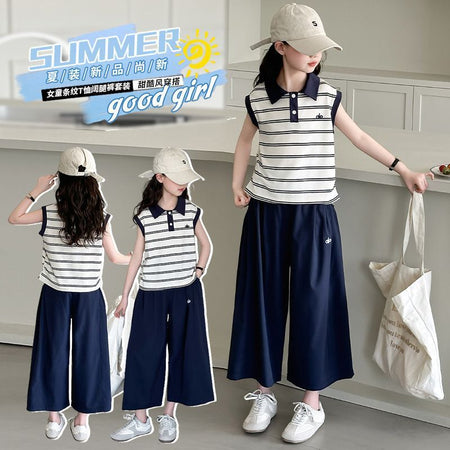 Girls Polo Plaid Wide-Leg Summer Two-Piece Set – Baby & Children's Outfits – Image 3