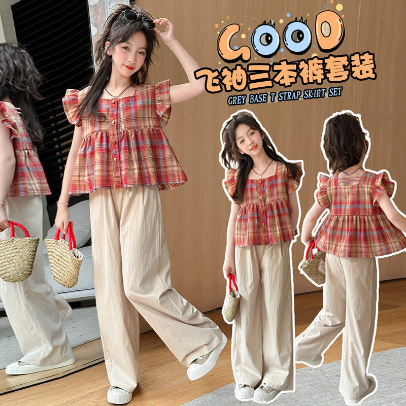 Girls Red Plaid Flying Sleeve Summer Set – Baby & Children's Outfits – Image 2