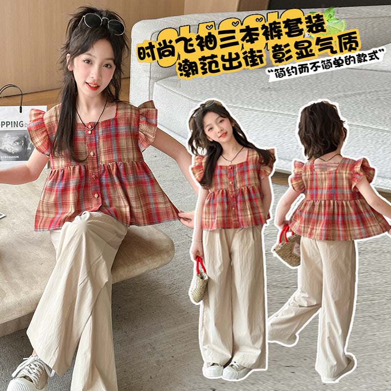 Girls Red Plaid Flying Sleeve Summer Set – Baby & Children's Outfits – Image 3