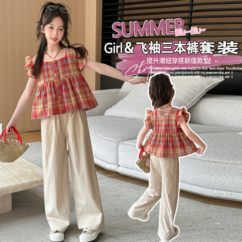 Girls Red Plaid Flying Sleeve Summer Set – Baby & Children's Outfits – Image 4