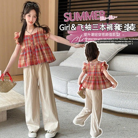 Girls Red Plaid Flying Sleeve Summer Set – Baby & Children's Outfits – Image 4