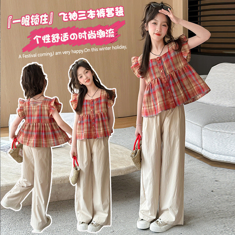 Girls Red Plaid Flying Sleeve Summer Set – Baby & Children's Outfits – Image 5