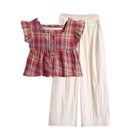 Girls Red Plaid Flying Sleeve Summer Set – Baby & Children's Outfits – Image 6
