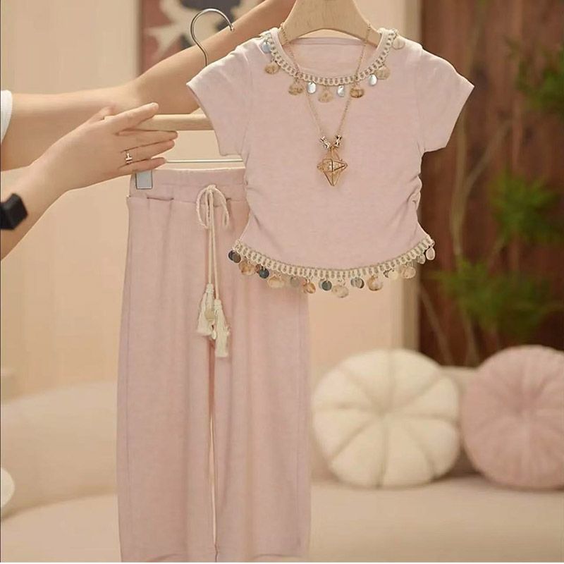Girls Lace Elegant Wide-Leg Summer Two-Piece Set – Baby & Children's Outfits – Image 1