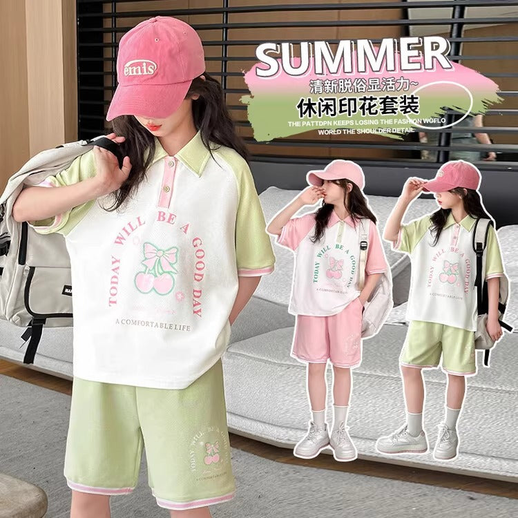 Girls Cartoon Polo Shorts Two-Piece Summer Set – Baby & Children's Outfits – Image 3