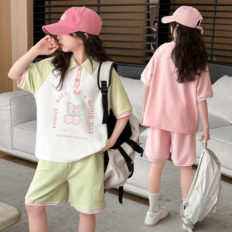 Girls Cartoon Polo Shorts Two-Piece Summer Set – Baby & Children's Outfits – Image 1
