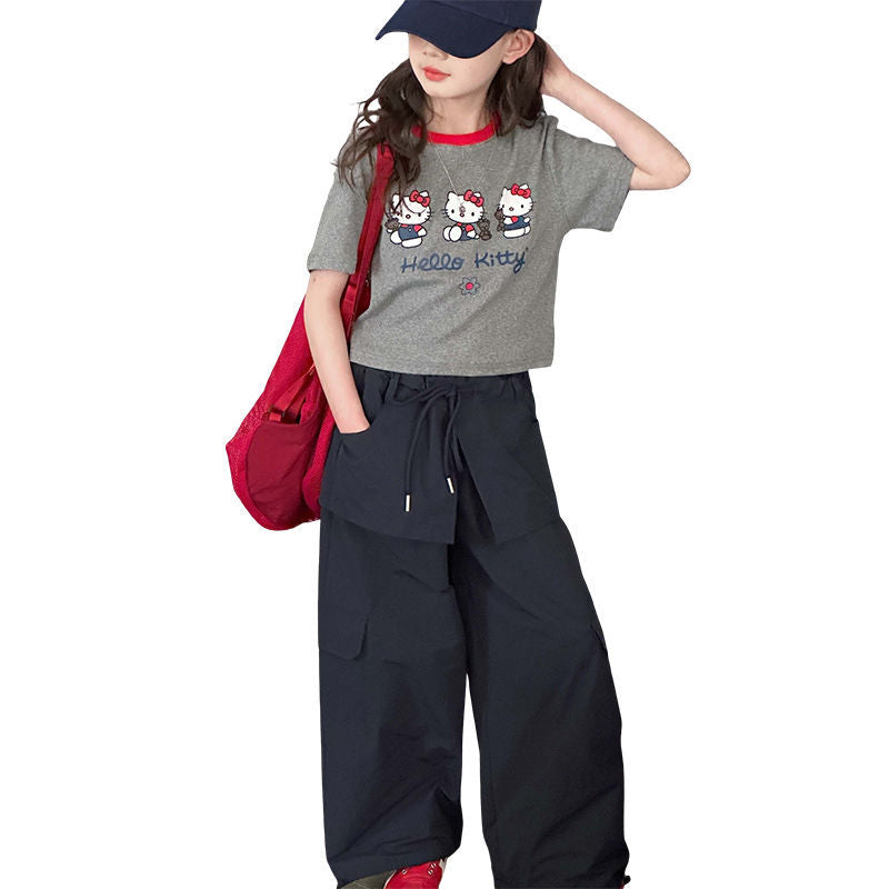 Girls Cartoon Kitten Skirt Two-Piece Summer Set – Baby & Children's Outfits – Image 1