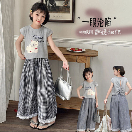 Girls Korean Plaid Wide-Leg Summer Set – Baby & Children's Outfits – Image 3