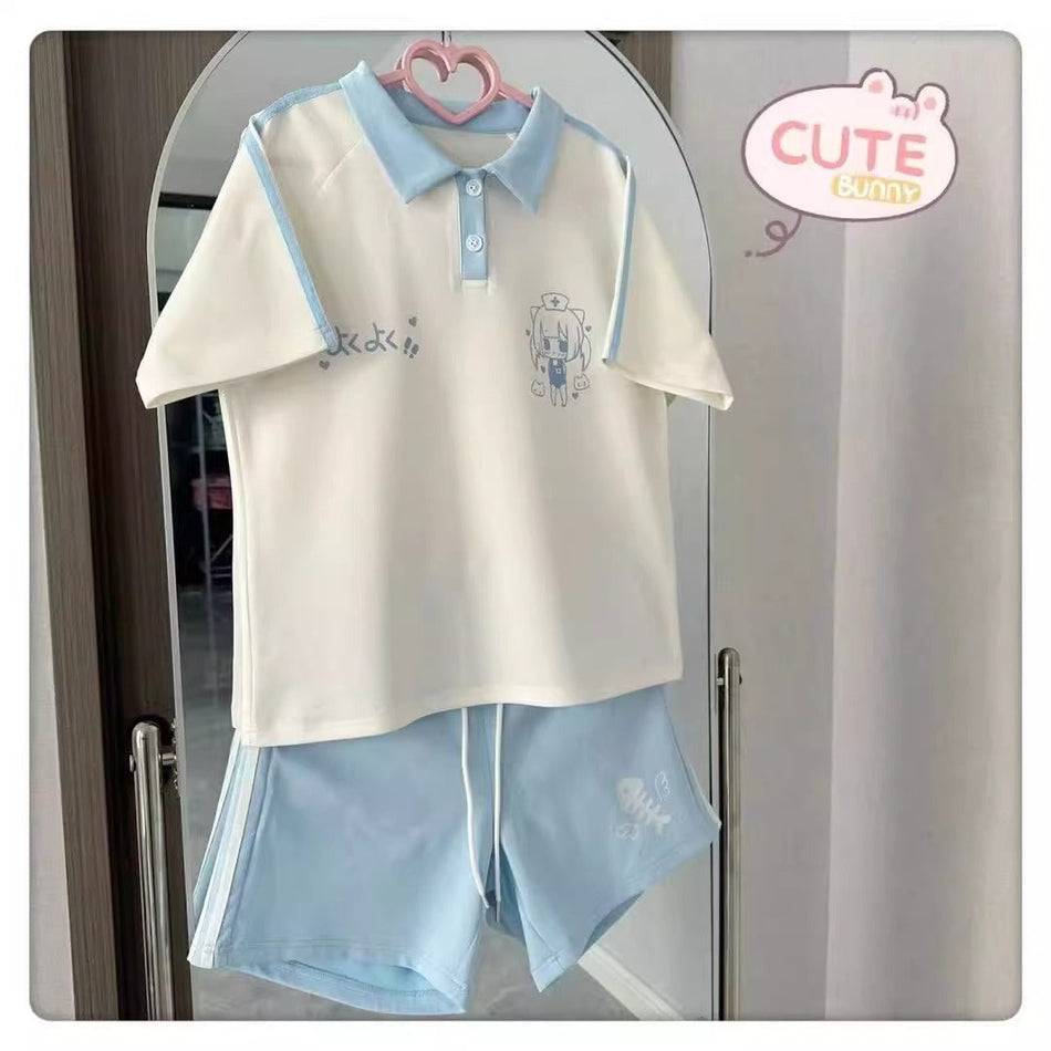 Girls Color-Block Cartoon Shorts Summer Set – Baby & Children's Outfits – Image 2