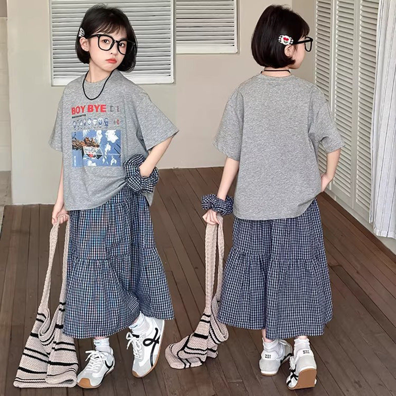 Girls Korean Plaid Skirt Two-Piece Summer Set – Baby & Children's Outfits – Image 1