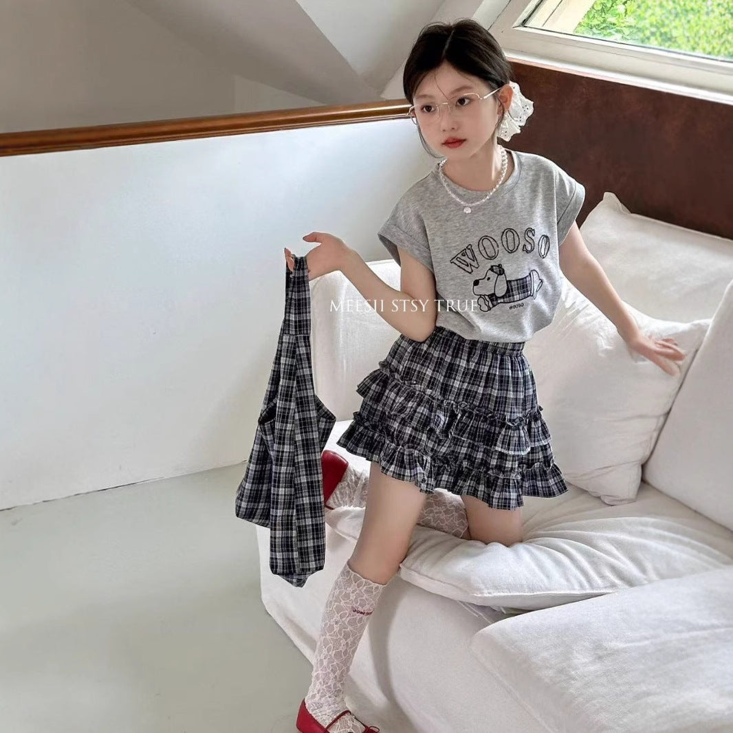 Girls Puppy Cartoon Plaid Skirt Summer Set – Baby & Children's Outfits – Image 1